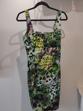 Floral Green & Purple Sleeveless Sheath Dress (Size S/M)